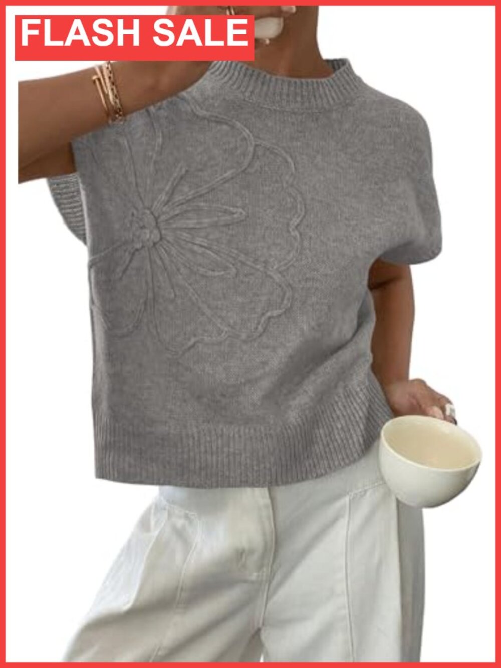 Womens Summer Short Cap Sleeve Sweater Vest Knit 3D Flower Crew Neck Pullover